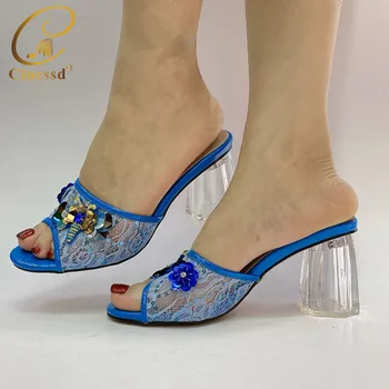 

Latest Blue African Shoes Women Slides Summer Style Bright Color with Slippers for Woman Wedding Parties Shoes Nigerian Shoes