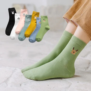 

Morandi Color Embroidery Women Socks Cute Cartoon Animal Crew Socks Women Cotton Panda Rabbit Totoro Giraffe Dropshipping