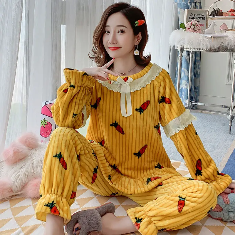 Осенне-зимние толстые женские пижамные комплекты теплая Пижама женская домашняя одежда Пижама с длинным рукавом Длинные брюки