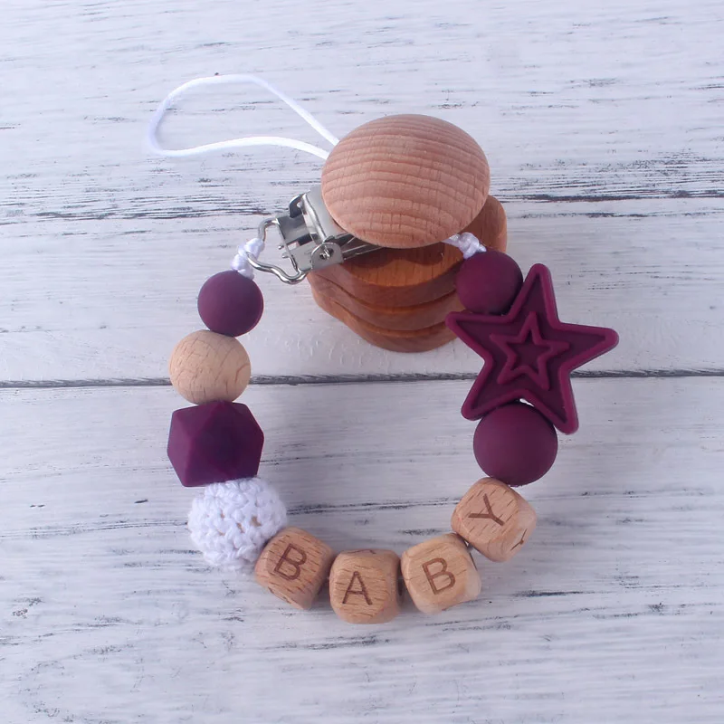 Cadena de chupete de madera de haya con nombre personalizado para bebé, mordedor de estrella de silicona, soporte para muñeco