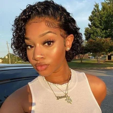 

Pixie Cut Wig Human Hair Curly Human Hair Wigs Short Bob Curly Wig 13X1 Transparent Lace Frontal Wig Water Wave Human Hair Wigs