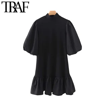 

TRAF Women Vintage Elegant Office Wear Ruffled Mini Dress Fashion Stand Collar Lantern Sleeve Female Dresses Chic Vestidos Mujer