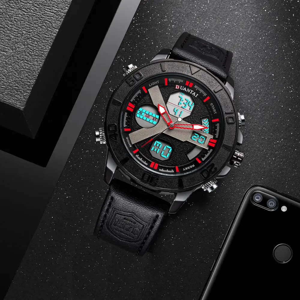 Мужские спортивные часы DUANTAI, роскошные часы с двумя часовыми поясами, мужские кожаные часы с Т-образной пряжкой, водонепроницаемые 3AM