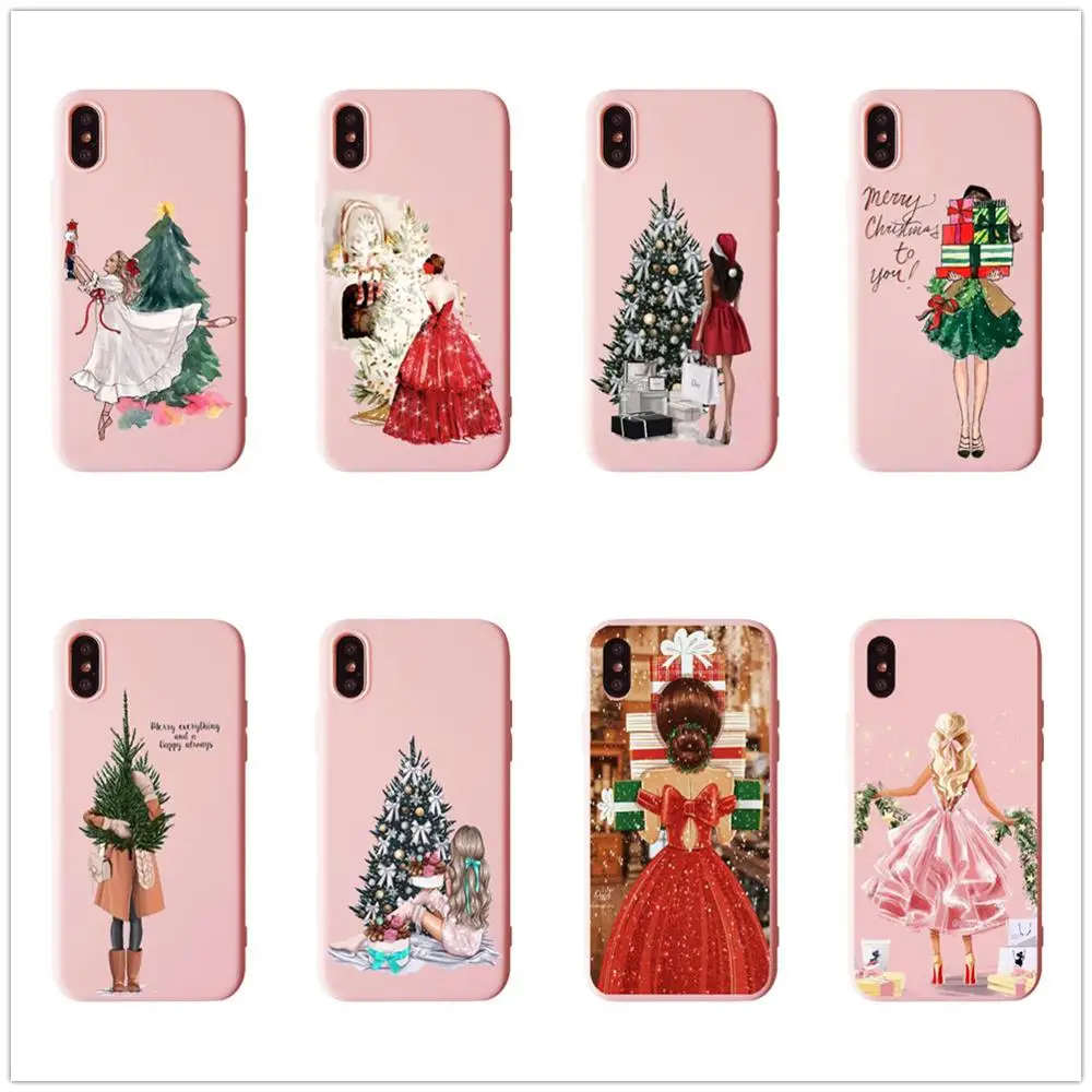 Christmas Vogue girl For iphone 11Pro Max XS XR MAX Santa Claus Cases Matte Pink gift Phone Cover Silicone TPU iphone8 6 7 6s 8Plus Fundas Coque |