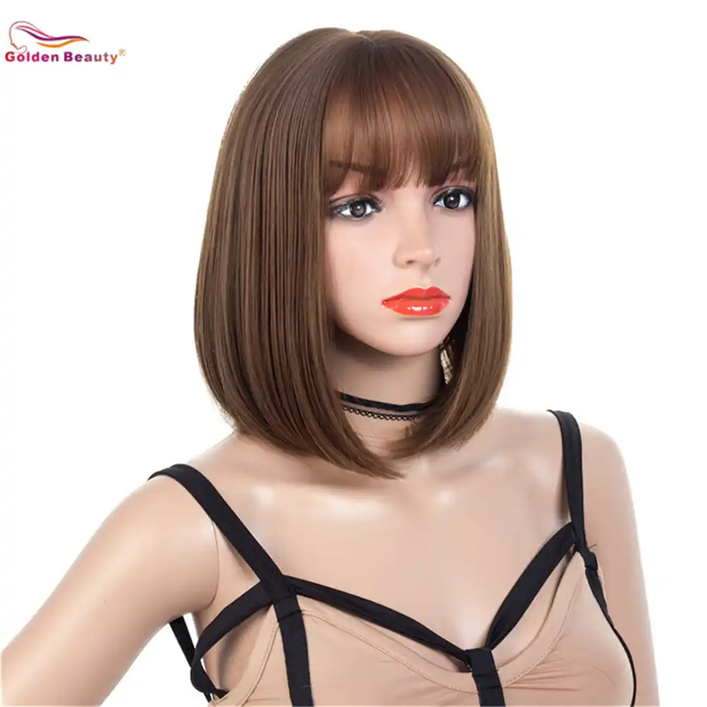 Short Bob Hair Wigs 12 14inch Straight With Flat Bangs Synthetic