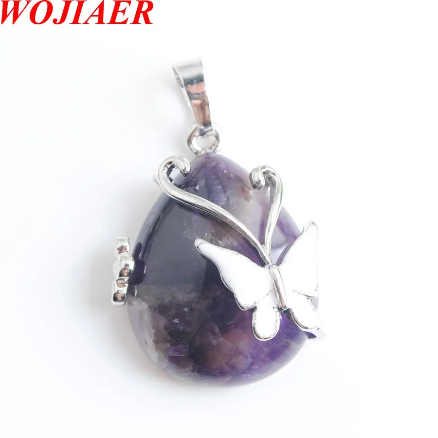 

Water Drop Natural Amethysts Stone Pendant beads Butterfly Flower Pendants Necklace for Women Jewellery WOJIAER PN8098