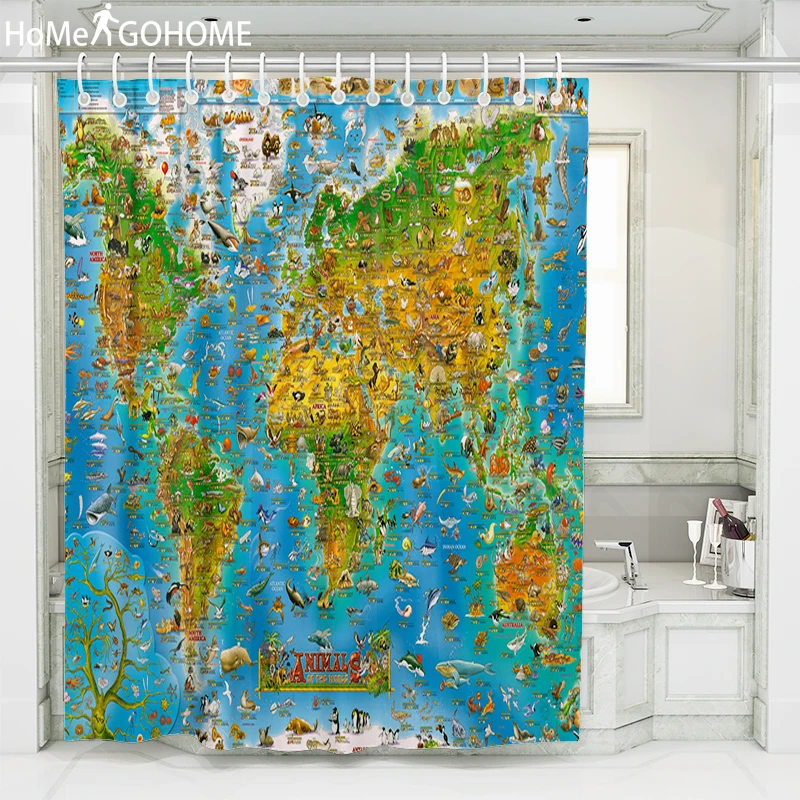 

Anime Animal World Map Bath Waterproof Curtain 3D Polyester Fabric Shower Curtain with Hooks for Mildewproof Bathroom Kids Gifts