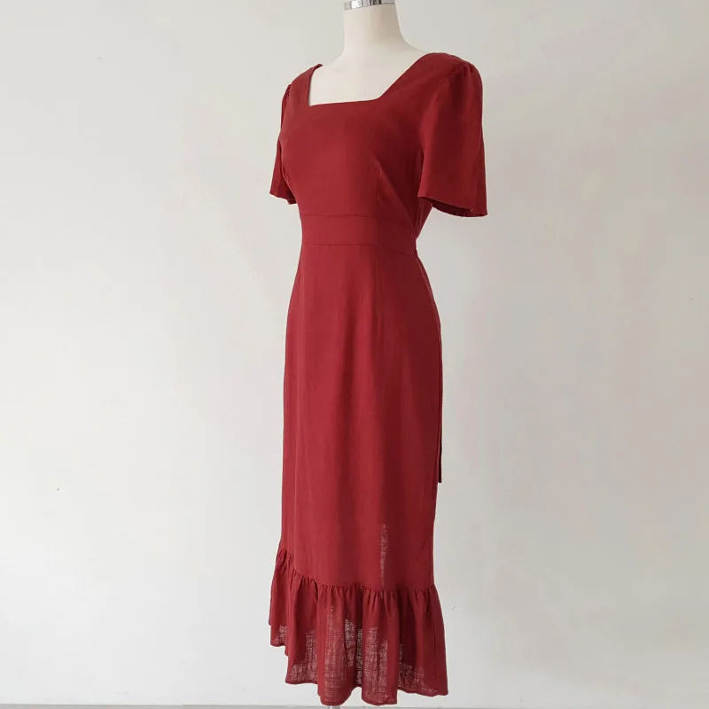 Elegant V-Neck Slim Waist Dress Cotton Linen Dress Summer Dress Female Vintage Loose Office Lady Long Korean Dresses 2020