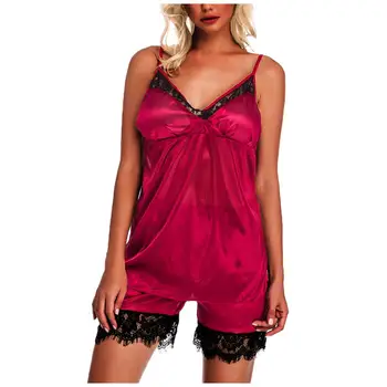 

Casual Women Sleepwear Set Sexy Nightwear Lace V-neck Camisole Shorts Set Solid Pajama Lingerie Set Koronkowa Pizama 2020 New YE