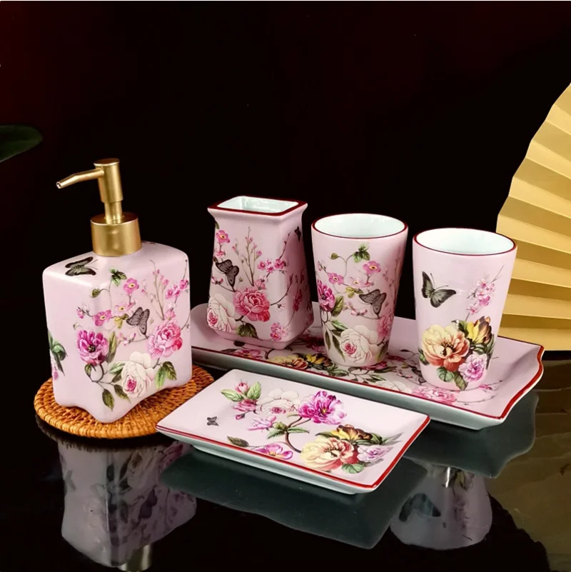 Luxury Bath Accessories Set- Pink Rose Pattern Bathroom Accessories Set Ceramic Toothbrush Holder Soap Dispenser Soap Dish Bathroom Cup Wedding Gift