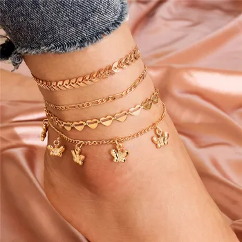 

4Pcs/Set Vintage Boho Style Gold Chain Anklets Unique Design Heart Arrow Butterfly Bracelet For Ankle Wholesale
