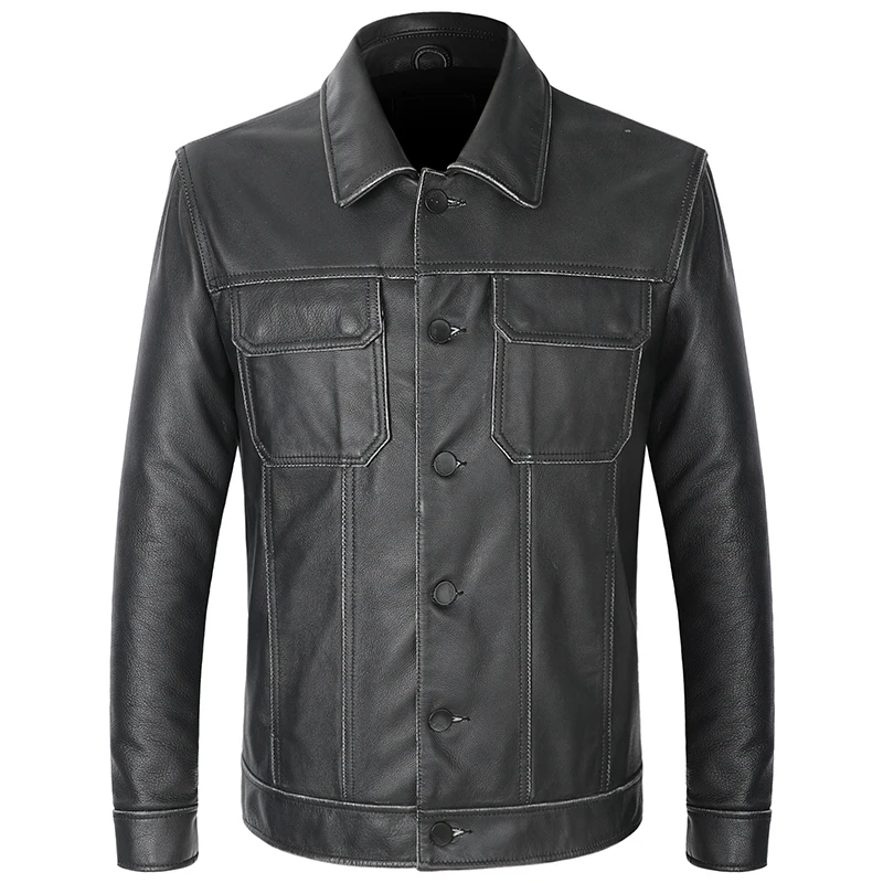 Beige Stitch Western Real Cowhide Leather Classic Jacket Men's 'TRUCKER' Black 