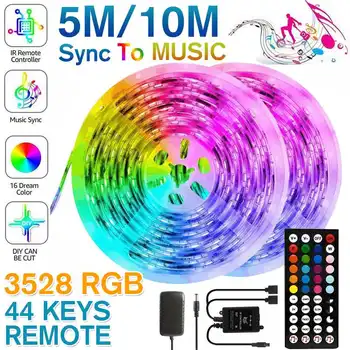 

5M/10M 12V 3528 SMD LED Strip Sync to Music RGB LED Strip Light Tape+44 Key Remote Controller + IR Recelver +Power Adapter Plug