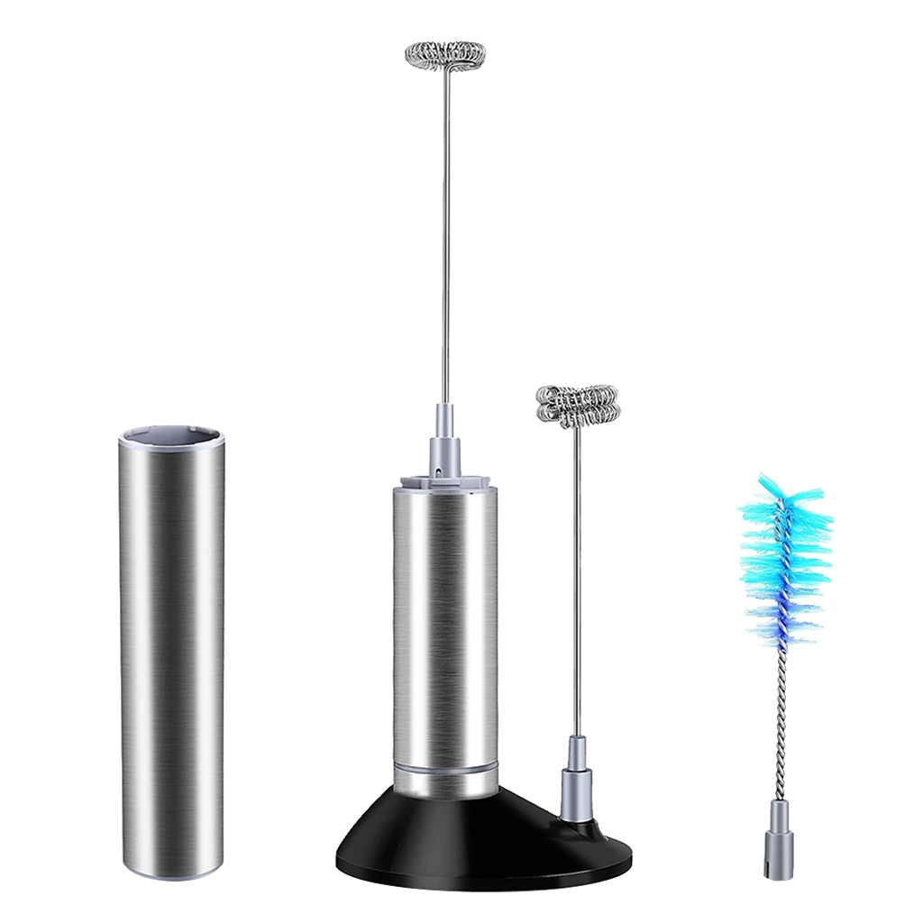 Handheld Electric Milk Frother with Single Double Whisk Head & Cleaning Brush