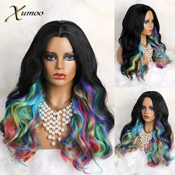 Rainbow Cosplay Wig Ombre Black Synthetic Wig Super Wave Full Machine Made Synthetic Wigs For Cosplay Party Drag Queen Women