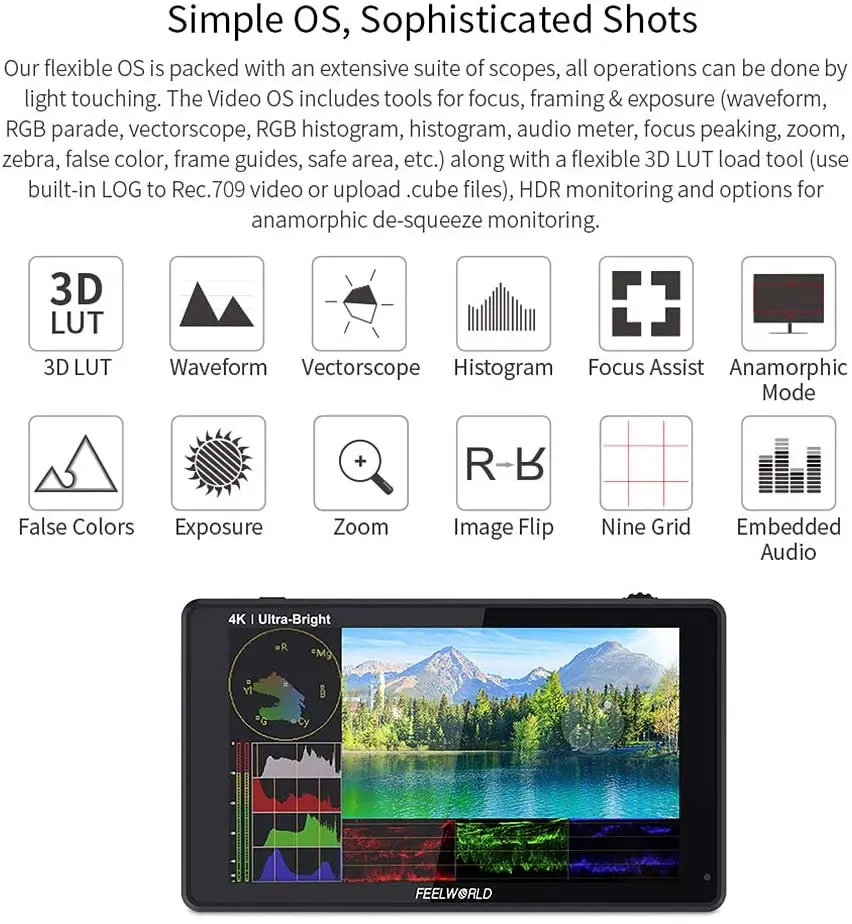 FEELWORLD LUT6S LUT6 Inch Camera Field Monitor 2600nits HDR/3D LUT Touch Screen 3G-SDI 4K HDMI DSLR Wave