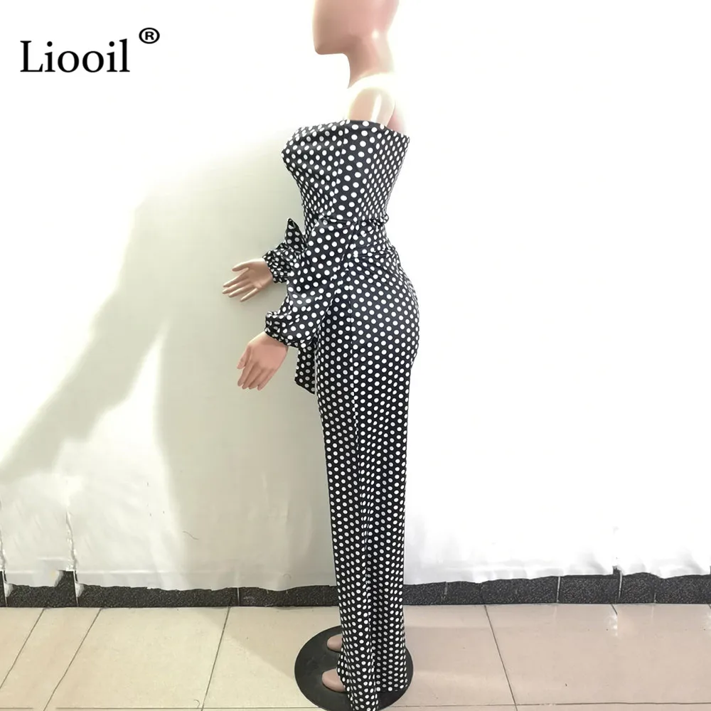 Liooil, белый, в горошек, сексуальный женский комбинезон,, длинный рукав, с открытыми плечами, с поясом, вечерние, Клубные комбинезоны, комбинезон, черный комбинезон
