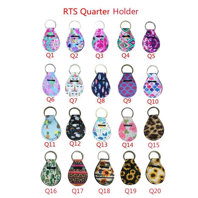 

Coin Quarter Holders Keyring Chapstick Cover Cases Neoprene Keychain Floral Printed Lip Palm Holder with Metal Ring