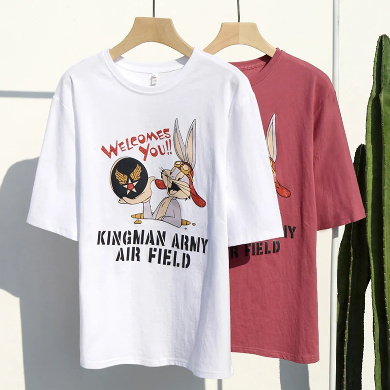 

Print Air Force Rabbit Ins 2020 Summer White T Shirt for Women Half Sleeve Oversized T Shirt Women Cotton 100% 90s T-shirt Femme