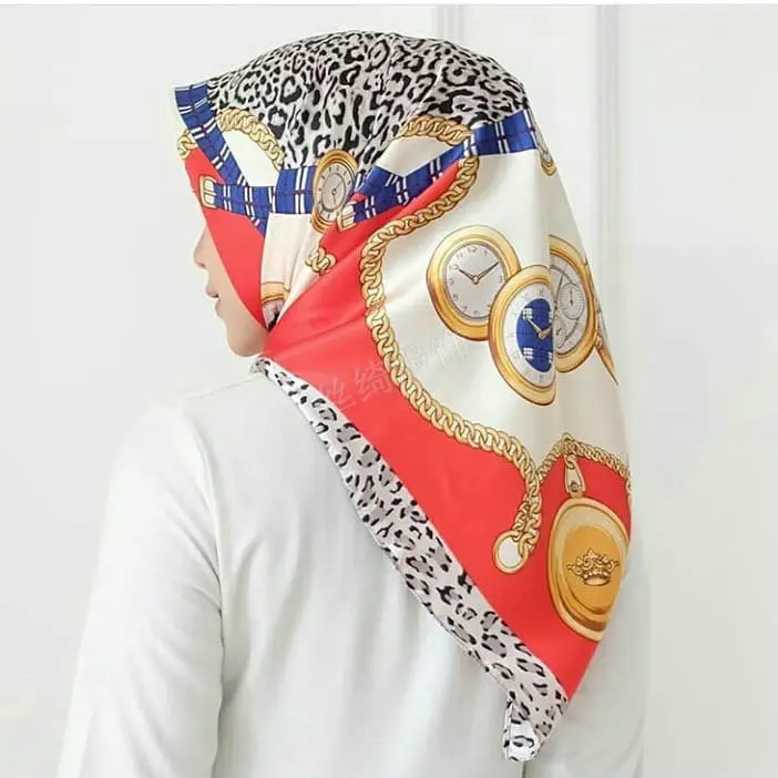 90*90 см мусульманский шелковый шарф Хиджаб Женский исламский головной платок Малайзия набивной платок femme musulman шарфы квадратные - Цвет: 7
