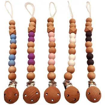 

Baby Pacifier Clip Chain Wooden Beads Safe Teething Soother Chew Toys Dummy Nipple Leash Strap Holder for Infant Feeding