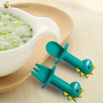 

Beeshum 2Pc Baby Spoon Fork Set Silicone Feeding Spoon Kids Cutlery Cartoon Dinosaur Short Handle Teether Children Tableware