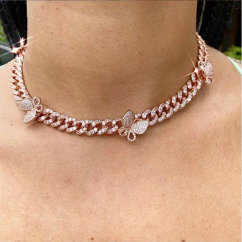 

new 10mm iced out bling cz Miami cuban link chain Butterfly charm choker cz Luxury Bling Bling necklace women Hip Hop jewelry