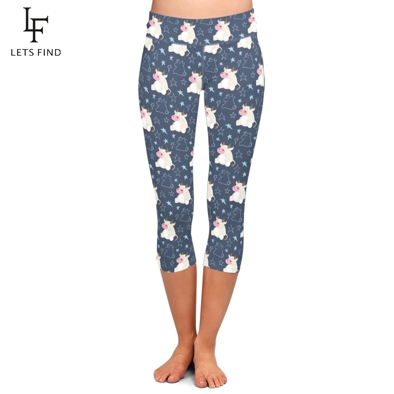 LETSFIND Summer New Cute Cartoon Cow Print Women Elastic Capri Leggings High Waist Plus Size Fitness Slim Mid-Calf Leggings LETSFIND Summer New Cute Cartoon Cow Print Women Elastic Capri Leggings High Waist Plus Size Fitness Slim Mid-Calf Leggings