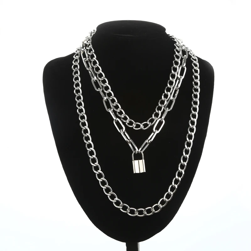 Lock Chain Necklace Silver Padlock Pendant Punk Fashion Gothic Jewellery *d