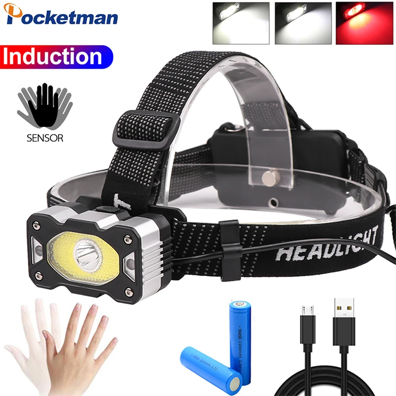 

Body Motion Sensor Headlight Red White Light Head Light USB Rechargeable Headlamp Hands-free LED Head Lamp Use 18650 Battery