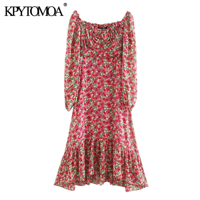 KPYTOMOA Women 2020 Chic Fashion Floral Print Ruffled Midi Dress Vintage Puff Sleeve Side Zipper With Lining Female Dresses KPYTOMOA Women 2020 Chic Fashion Floral Print Ruffled Midi Dress Vintage Puff Sleeve Side Zipper With Lining Female Dresses