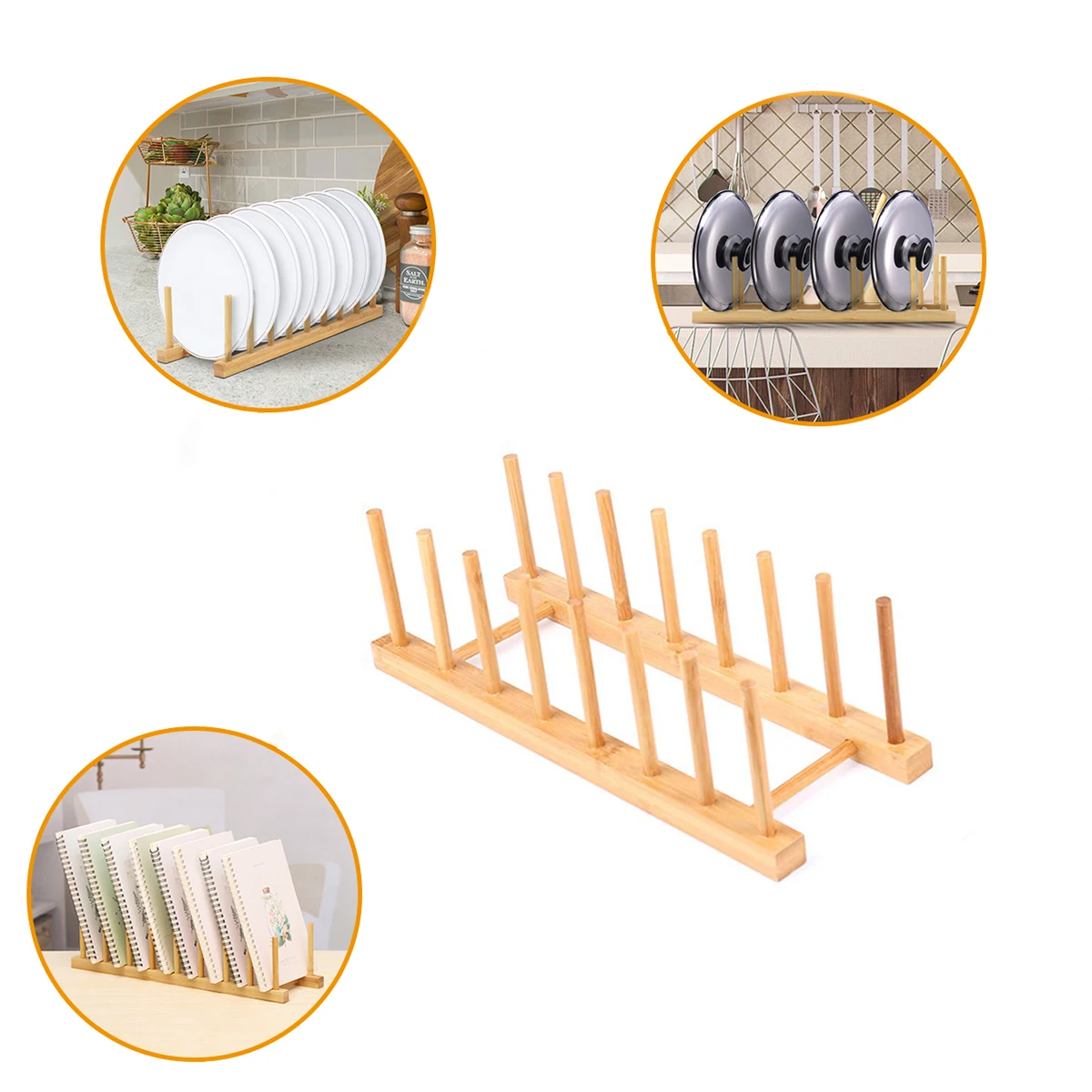 

7 Grid Bamboo Dish Holder Kitchen Plate Cup Rack Pot Lid Holder Insulation Dish Drying Rack Storage Fruit Drainer Colanders