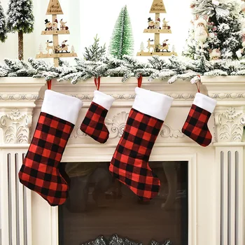

Christmas Decoration Red Black Linen Lattice White Plush Christmas Socks Ornaments Gift Candy Bag Pendant