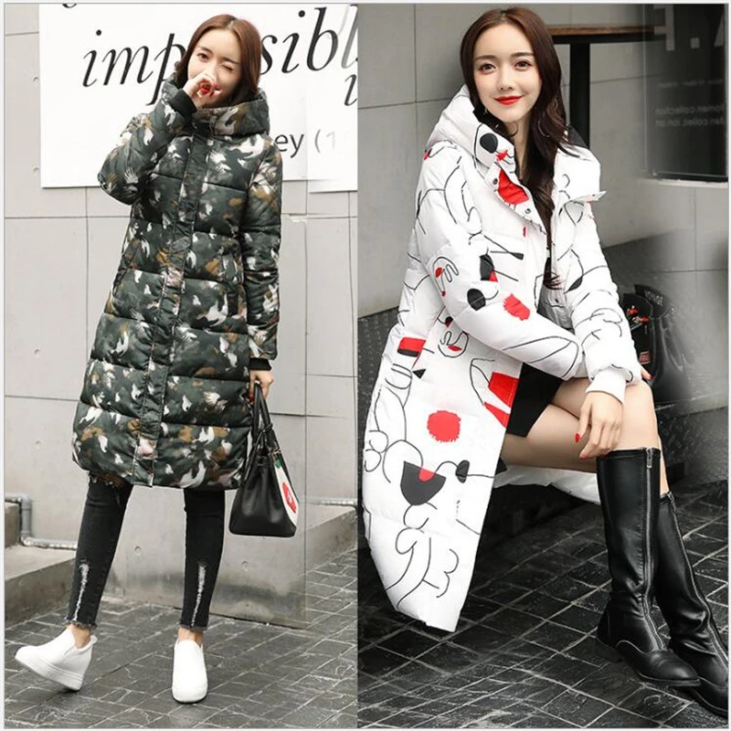 

2019 New Women Winter jacket Hooded Cotton Padded Long Coats Female High Quality women parka Warm Thick Print Outerwear 267