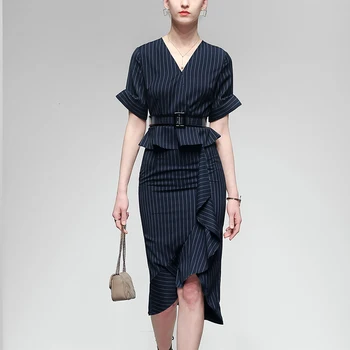 

Seifrmann Career Set Women Fashion Designer Sashes White Striped Asymmetrical Ruffles Tops And Skirt 2 Two Pieces Set