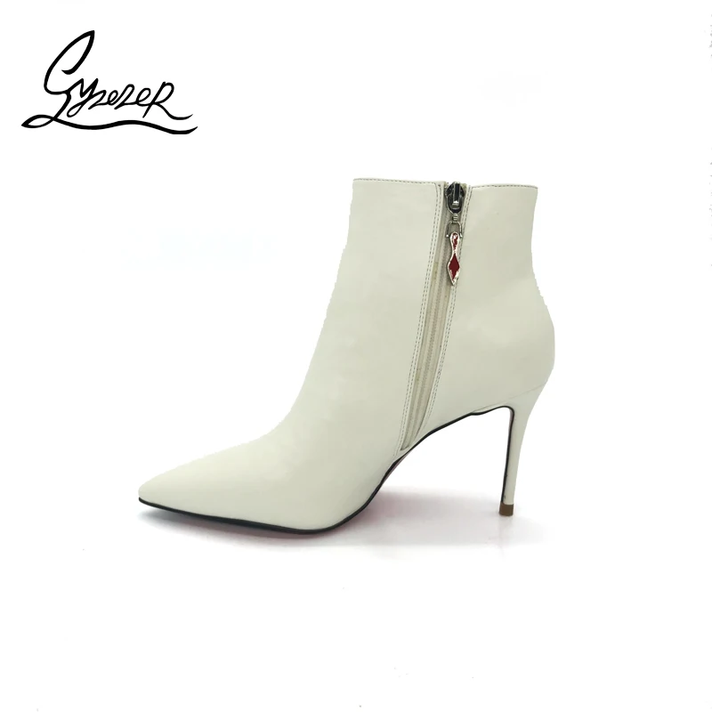 

Yuerui White Women's Boots Sexy Zipper Pointed 8.5CM Pumps Shoes Leather Top Layer Cowhide Brand Handmade Short Boots Women 2020