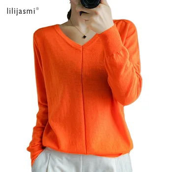 

Women Superfine Wool V-neck Thin Baisc Pullover Back V Sweater 48Nw Worsted 100% Wool Orange Pullover Solid Light Warm Swaters