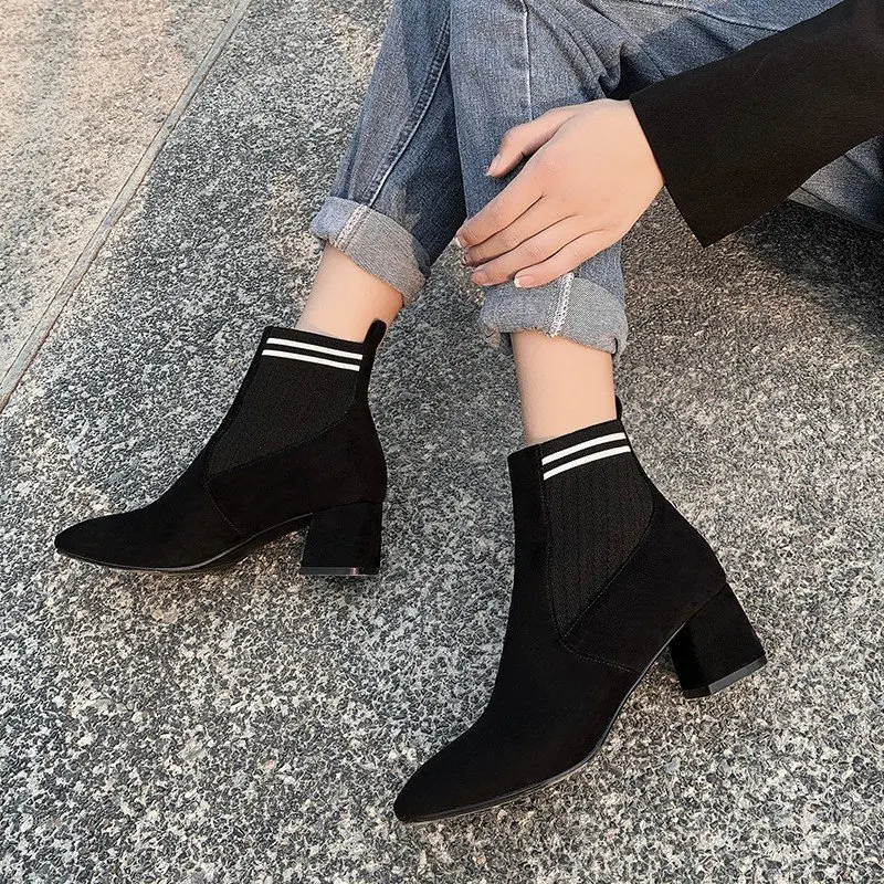 

Spring and autumn 2020 new all-match stretch single boots thin thin boots women's casual medium thick heel short boots X301