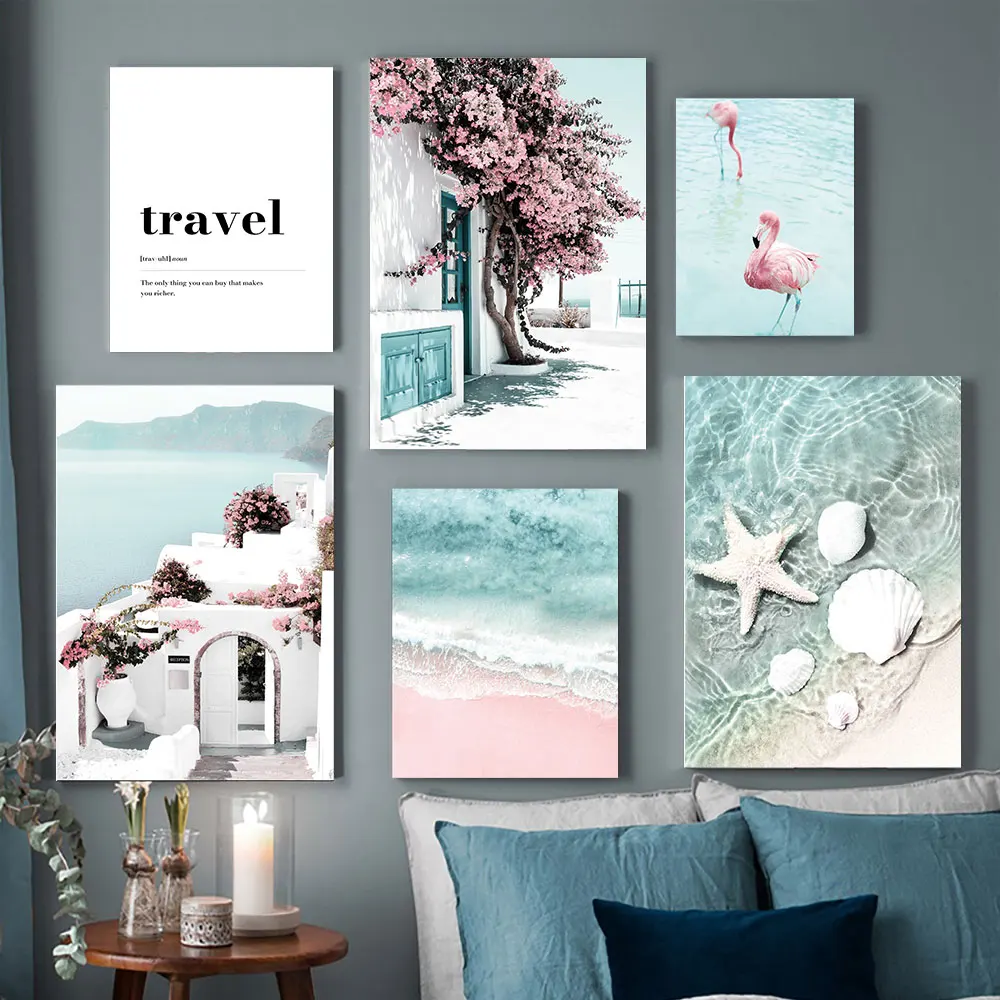 

Pink Flower Poster Home Decor Wall Art Canvas Painting Sea Beach Scenery travel Picture and Print for Living Room Decoration