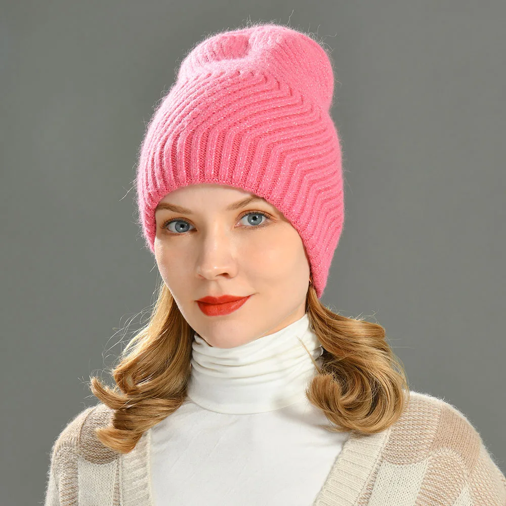 

Jaxmony Hats for Women Autumn Winter Wool Blend Knitted Beanie Hat Ladies Fashion Thicken Warm Sparkle Wave Stripe Bonnet Female