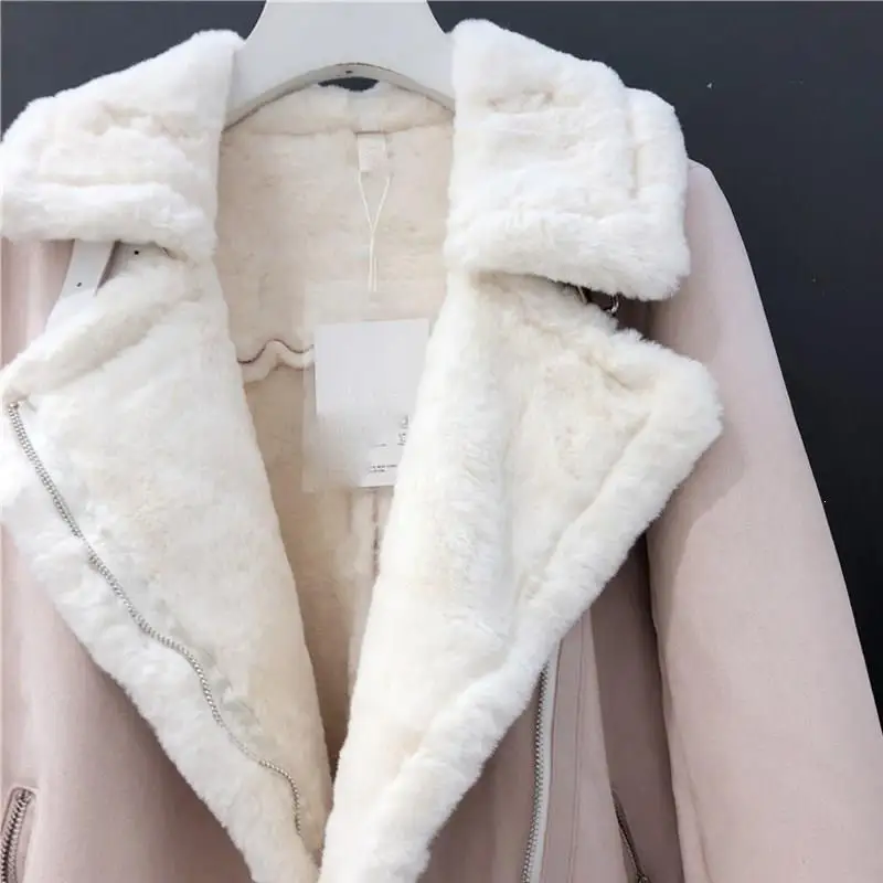 Зимние Замшевые Куртки из овечьей шерсти, женские уличные повседневные утепленные кашемировые пальто с длинным рукавом и мехом