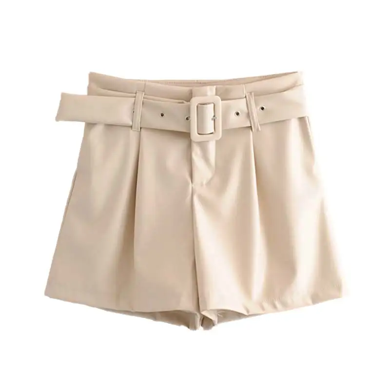 Adim женские стильные черные бежевые шорты с поясом на молнии и карманами, женские повседневные шикарные шорты из искусственной кожи, pantalones cortos SA192 - Цвет: beige