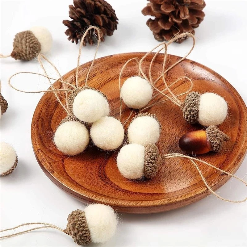 Xmas Tree Ornament Wool Felt Pine Tower Ball Pine Cone Acorn String DIY Material Pendant Christmas Decor Home New Year 6pcs