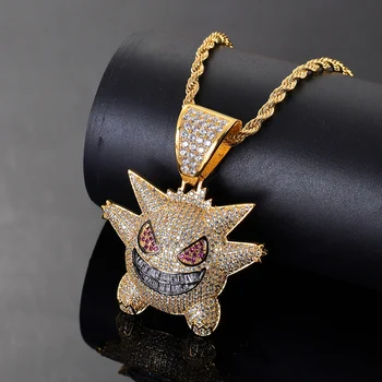 

Hip Hop AAA Cubic Zirconia Paved Bling Iced Out Cool Pokemon Gengar Pendants Necklace for Men Rapper Jewelry Gold Silver Color