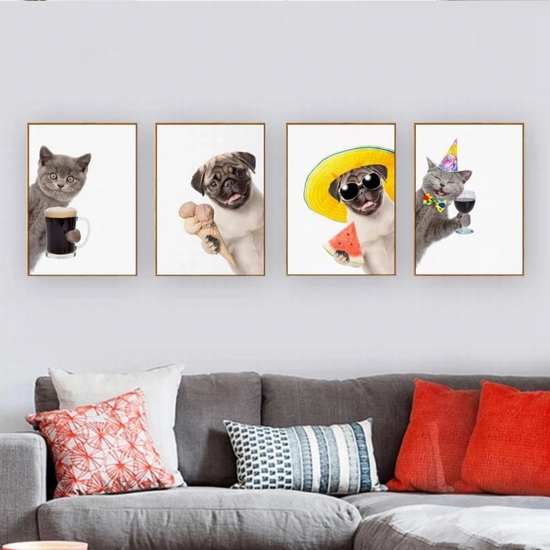Cute Pug Dog And Cat Canvas Painting Wall Art Funny Animals Hold Winebowl Poster Prints Pictures For Living Room Home Decor | Дом и сад