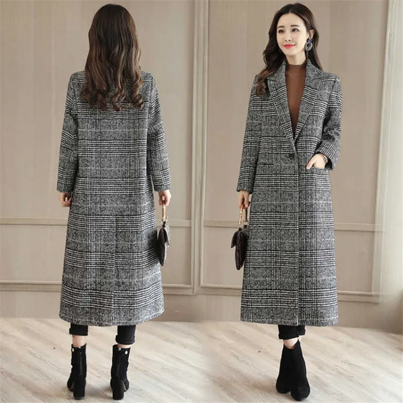 Thickened mixed cotton Chiffon plaid coat medium length coat for women