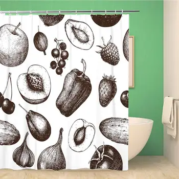 

Bathroom Shower Curtain Ink Vegetables Fruits and Berries White for Autumn Restaurant 60x72 inches Waterproof Bath Curtain Set