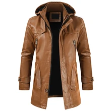 Мужская зимняя новая длинная куртка с капюшоном из плотного флиса, кожаная парка, мужская верхняя одежда, повседневная винтажная теплая куртка из искусственной кожи, Тренч для мужчин
