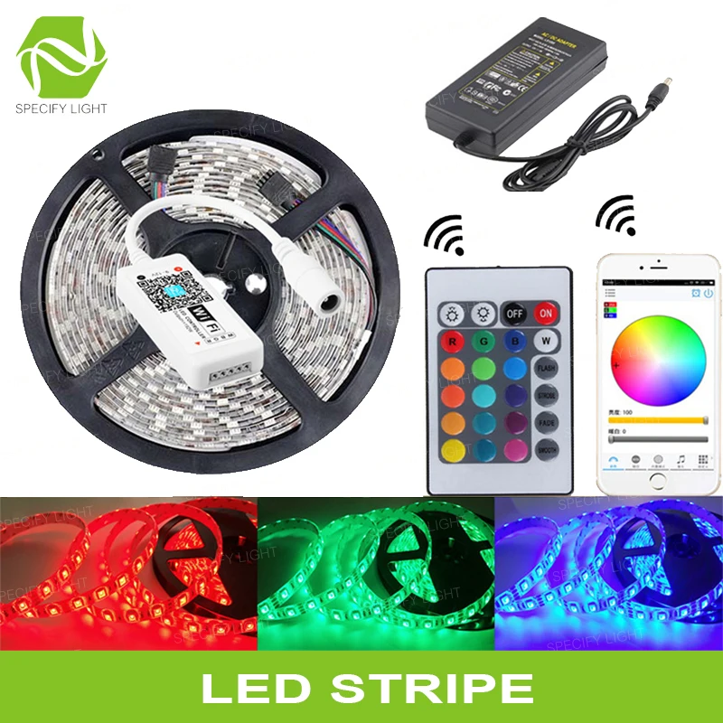 

5M 10M 15M 20M RGB LED Stripe Light SMD 5050 IP65 Waterproof RGB Tape Ribbon Diode Flexible LED Strips Flexible Kit 24 Key Wifi
