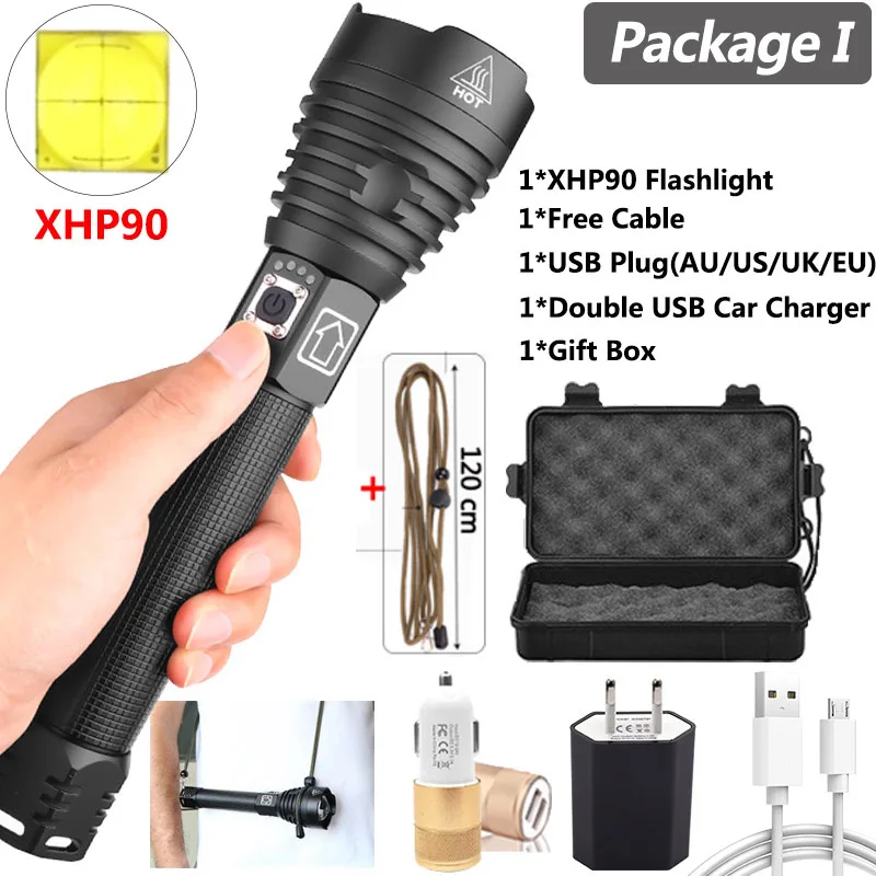Супер мощный Xlamp XHP70.2 XHP90 светодиодный фонарь USB XHP50 лампа Zoom тактический фонарь 18650 26650 перезаряжаемый аккумулятор - Испускаемый цвет: Package I-XHP90